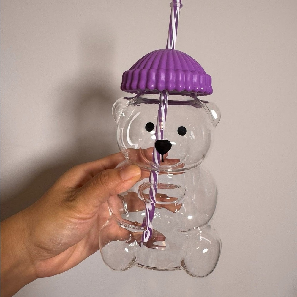 Purple Bear Shaped Cup with Purple Lid and Straw